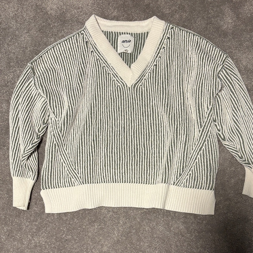 Aerie V-Neck Striped Sweater - Green and White
